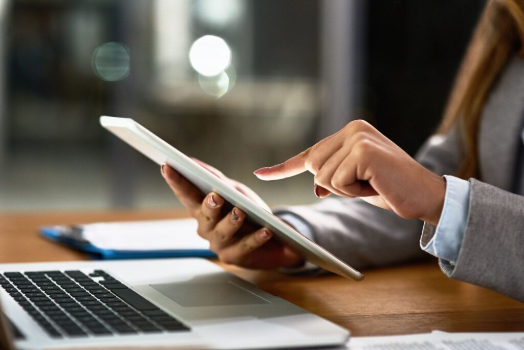 Business,Woman,,Office,And,Hands,With,Tablet,At,Night,With